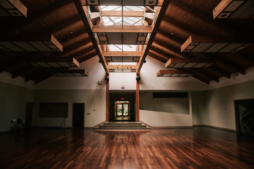 Whonnock Lake Venue banquet hall entrance with exposed beams and skylights