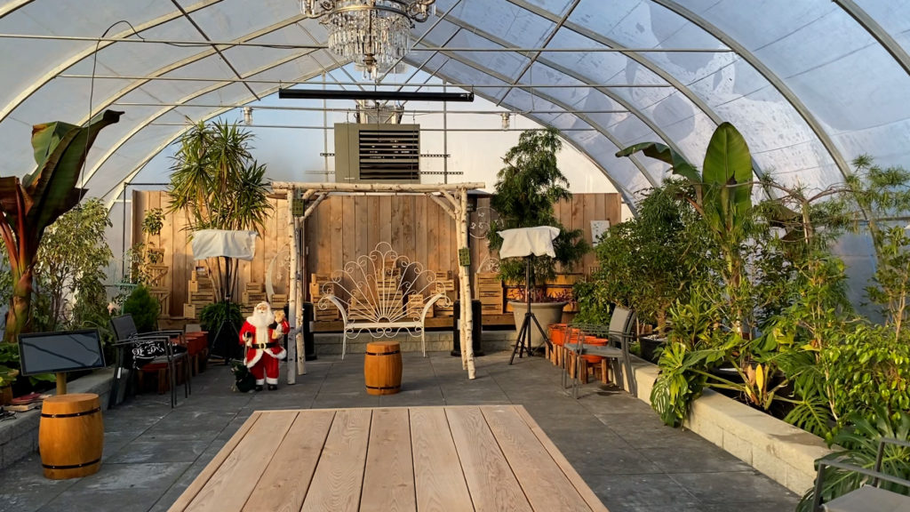 A view of the interior green house with tropical plants, a wire garden bench and wooden archways