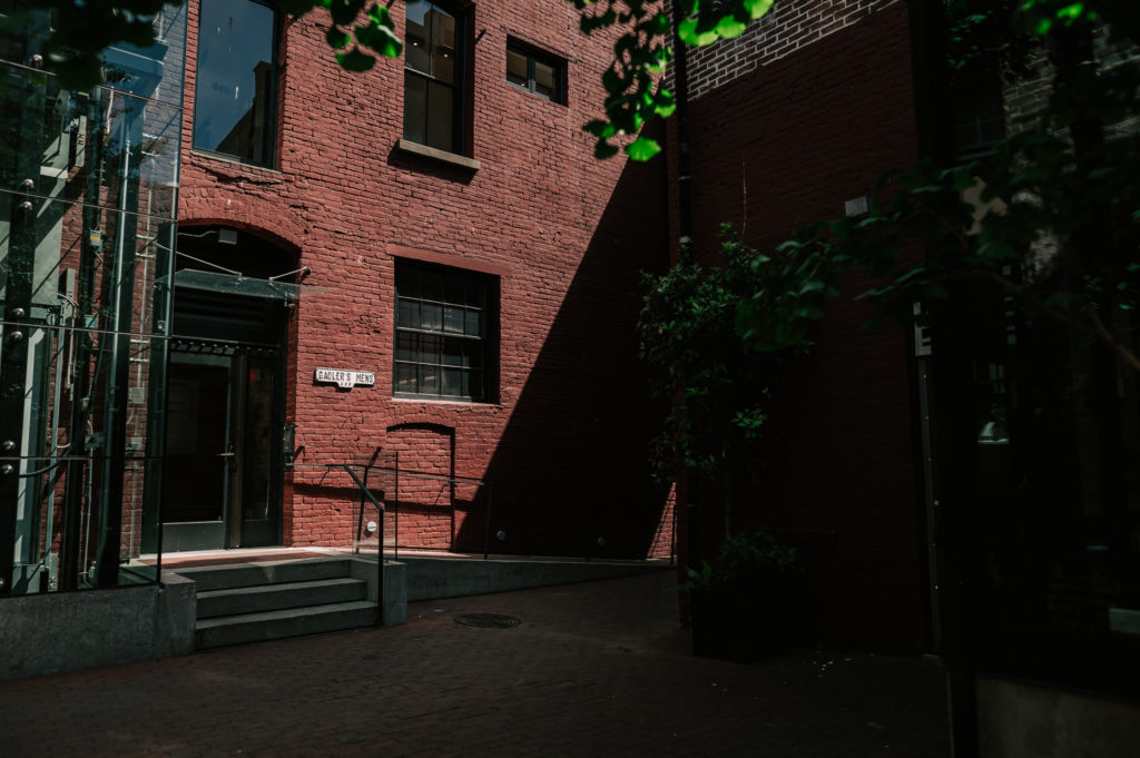 alternative Vancouver wedding photography example red brick walls in historic Blood Alley